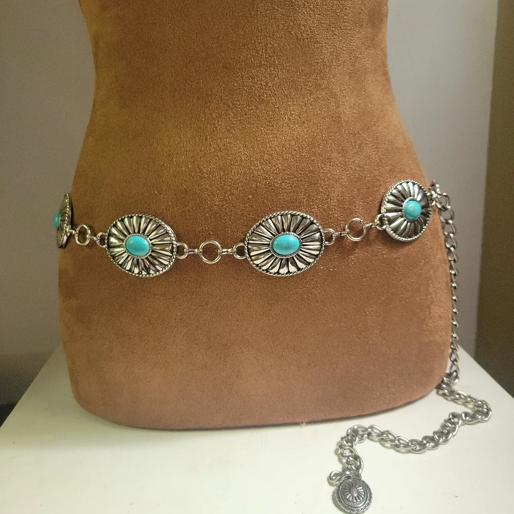 Silver Faux Turquoise Concho Chain Belt Adjustable 36 Inch Western Cowgirl